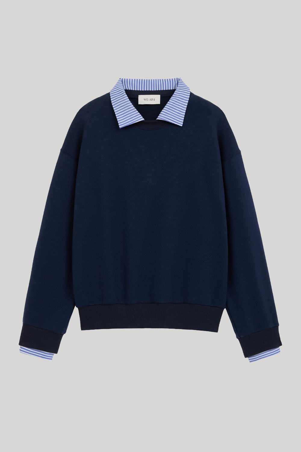 Navy blue sweater with striped collar detail