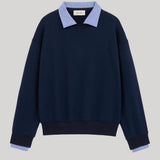Navy blue sweater with striped collar detail