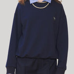 Navy blue sweater with striped collar detail