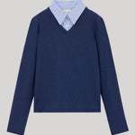 Navy sweater with striped shirting 