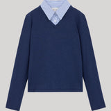 Navy sweater with striped shirting 
